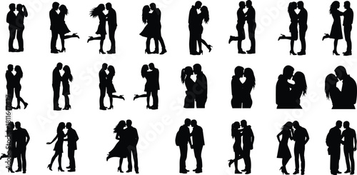 Collection of romantic couples in passionate, tender, and loving poses, embracing and kissing, symbolizing romance, affection, relationship goals, dating, and lasting commitment.