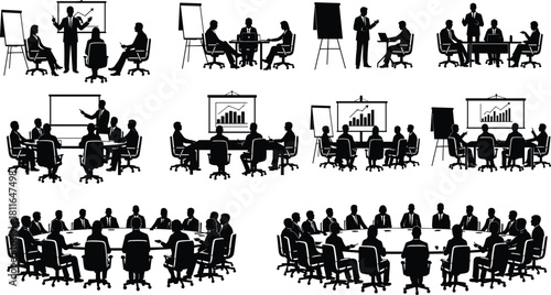 Collection of business people silhouettes in diverse corporate meetings, boardrooms, and presentations, symbolizing teamwork, strategy planning, corporate governance, 