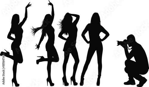 Title: Silhouette collection of four stylish, attractive women posing dynamically for a crouching photographer,