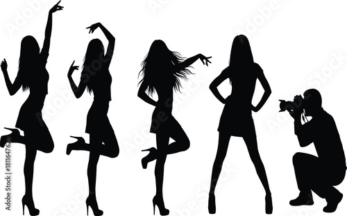 Title: Dynamic silhouette collection featuring four beautiful women in high heels posing for a crouching photographer, symbolizing glamour, modeling, 