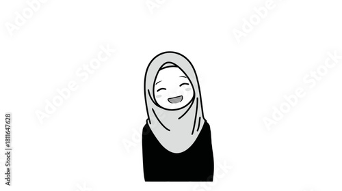 Joyful minimalist line art illustration of a happy young Muslim woman in a hijab with a wide smile, expressing cheerful emotion.