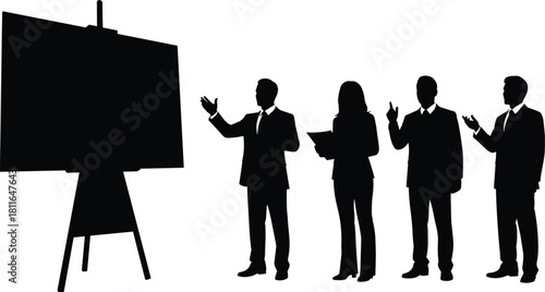 Silhouettes of a business executive presenting information on a large easel screen to a team, symbolizing corporate communication, effective leadership, 