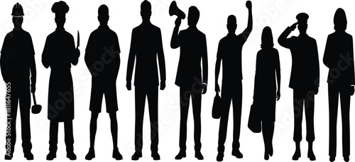 Silhouettes of diverse people representing various essential occupations and professions, including construction, cooking, military, 