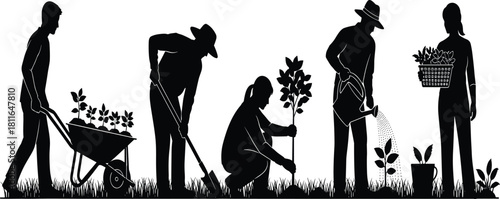 Silhouettes of diverse people planting trees and seedlings, watering, and harvesting crops, symbolizing gardening, environmental conservation, sustainable agriculture, 