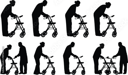 Silhouettes of elderly people using wheeled walkers for mobility assistance, often receiving supportive help, symbolizing senior care, aging, health challenges, therapy, 