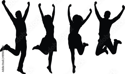 Silhouettes of four happy young people jumping high with raised arms, symbolizing extreme joy, freedom, energy, success, fun celebration, victory, happiness, and collective youthful excitement.