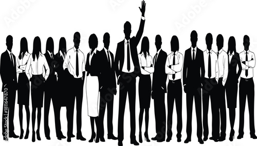 Silhouettes of a large, professional business team standing together with a leader raising a triumphant hand, symbolizing success, motivation, corporate leadership, teamwork.
