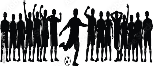 Silhouette of a large, diverse football or soccer team cheering while one player kicks the ball, symbolizing victory, athletic triumph,