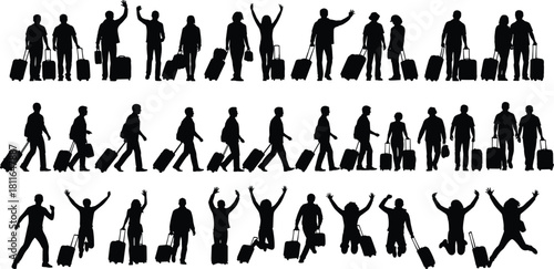 Silhouettes of diverse travelers pulling luggage and jumping for joy, symbolizing adventure, travel excitement, holiday vacation, departure, tourism, journey freedom, and global business travel.