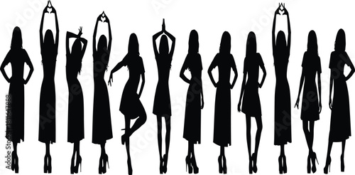 Silhouettes of confident and beautiful young women in elegant dresses posing with grace and style, symbolizing femininity, fashion, modeling, confidence, beauty, and female celebration events.