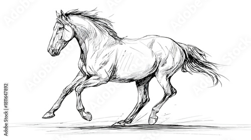 Dynamic hand-drawn sketch of a galloping horse, powerful equine illustration showcasing speed, freedom, and graceful movement.