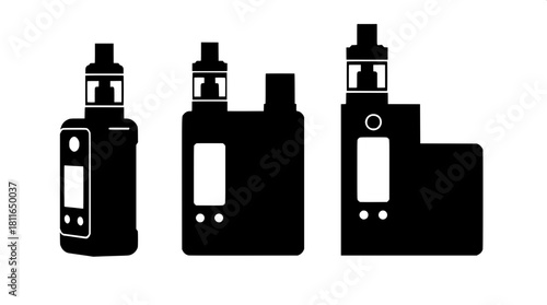 Flat, high-contrast illustration of four distinct vape devices in black silhouette with white button and screen details, arranged symmetrically in a balanced composition on a clean white canvas, featu