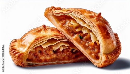 Two cut halves of a golden flaky meat empanada with exposed savory filling, isolated cleanly on a white background