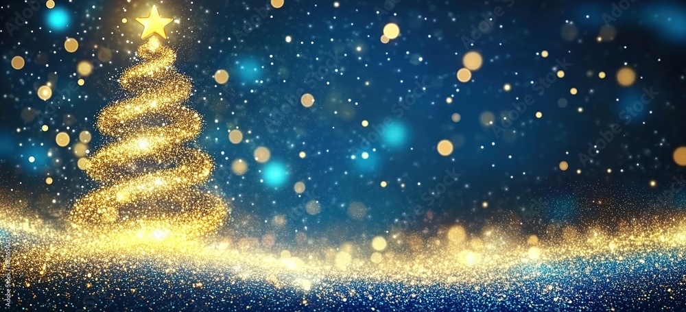 Obraz premium Golden Spiral Christmas Tree with Star and Sparkling Background for Holiday Decor and Greeting Cards