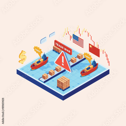 Economic conflict represented by trade war with ships, flags, and financial charts