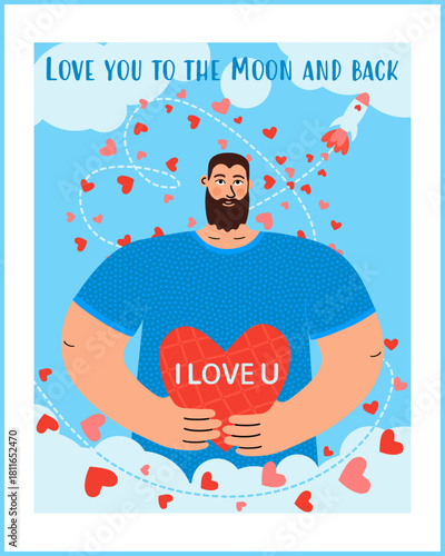 Valentine's card featuring a man holding a heart, a love rocket flying around, and the phrase "Love you to the moon and back". Trendy card design perfect for love greetings and romantic messages.