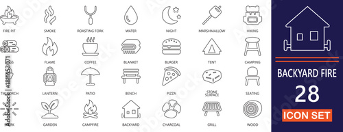 Minimal backyard stroke icon set featuring garden tools, plants, outdoor furniture, landscaping elements, and home exterior symbols.