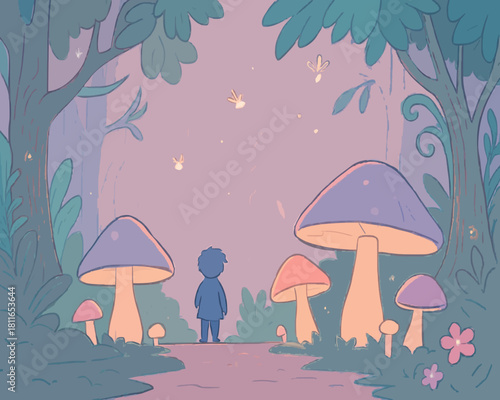 Fictional Enchanted Forest with Glowing Mushrooms and Fireflies