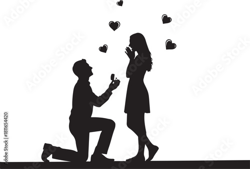 Romantic marriage proposal with heart symbols and couple silhouette illustration