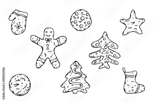 Monochrome vector clip art of Christmas gingerbread cookies painted by black inks. Men, star, mitten, boot, tree shape and simple round cookie etching drawing for holiday baking, festive recipe book