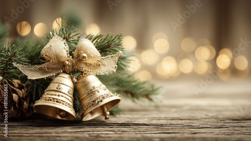Golden Christmas Bells with Bow and Pine Branches on Wooden Surface for Holiday Decor