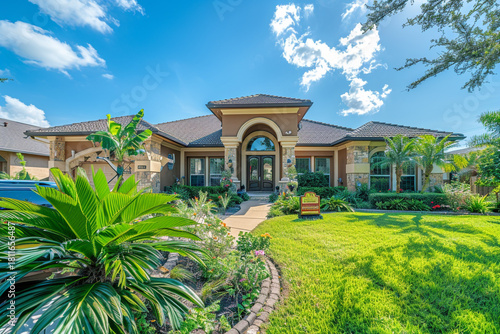 Fototapeta Naklejka Na Ścianę i Meble -  Sunlit Front Door Entrance of Stylish Home with Lush Greenery