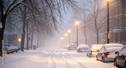 Tranquil snowfall blankets quiet neighborhood street on a winter evening