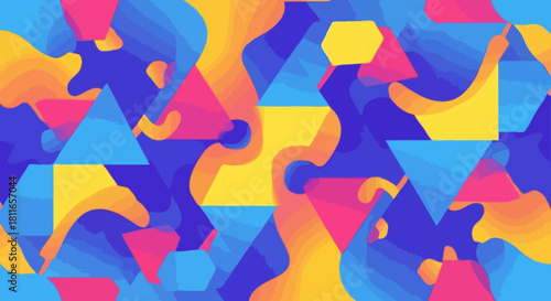 Abstract Geometric Pattern with Vibrant Swirls and Triangles, Bold Blue, Yellow, and Pink Color Palette
