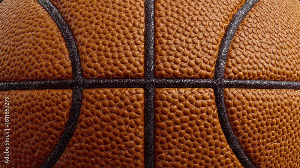 Obraz premium Close-up macro of textured basketball surface showing detailed orange pebbled leather and black seams.