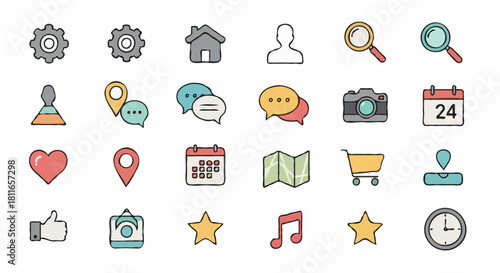 Set of flat icons for web design and user interface elements, including navigation, communication, and general utilities