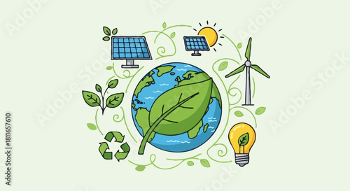 Eco-Friendly Planet Renewable Energy Sources and Environmental Sustainability Illustration