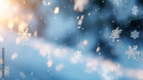 青い冬の背景に舞う輝く雪の結晶と幻想的な金色の光