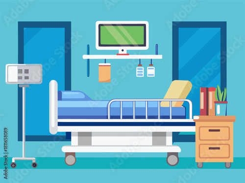 Hospital bed with monitor. Modern patient room in clinic. Flat vector illustration