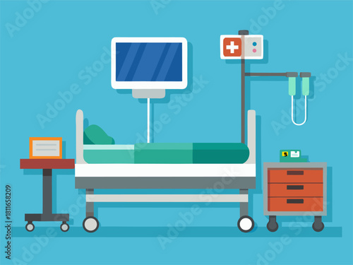 Clinic patient bed and equipment. Modern patient room in clinic. Flat vector illustration