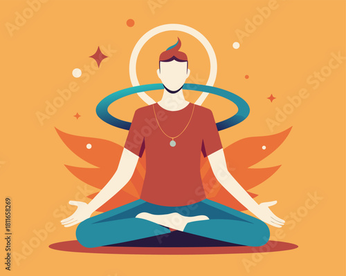 Meditating person with halo. Flat vector illustration