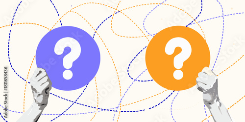 Two hands holding question marks with confusing dotted lines background