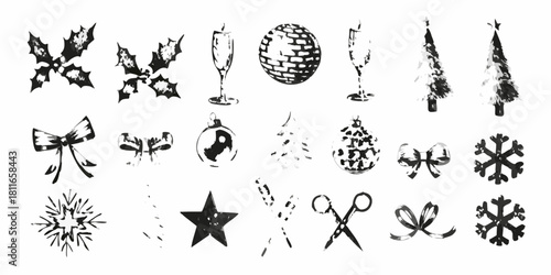 Hand drawn christmas icons in black and white with brush strokes
