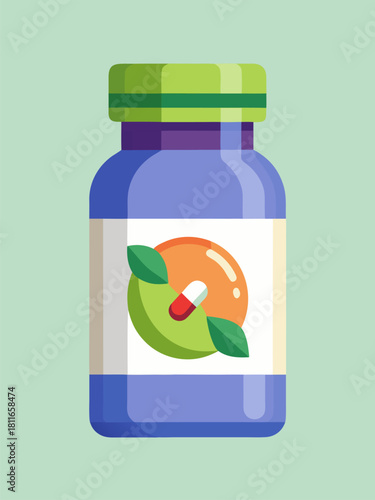 Multivitamin supplements bottle. Cartoon vector illustration