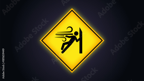 Yellow warning sign displays a strong wind symbol pushing a stick figure bracing on a dark background with a graphic style
