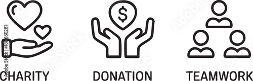 Volunteer Donation and Partnership Black Line Icons Support and Social Help Concept