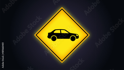 Yellow diamond traffic warning sign displays a black car silhouette icon digital illustration with a glowing edge on a dark gradient background