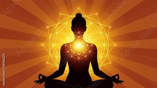 Meditation silhouette with glowing chakra radiance geometric aura