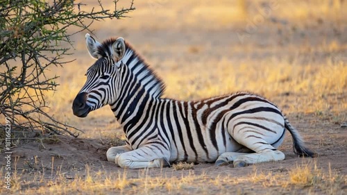 Zebra calf resting on the ground near a small tree in a savanna environment during the daytime zebra video
