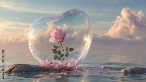 Heart-shaped bubble encasing a delicate pink rose with soft clouds and gentle water reflections in a serene landscape at sunset