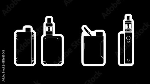 “A set of four vape device silhouettes—box mod, rounded mod, slim pen vape, and minimalist mod—displayed in a horizontal row with equal spacing, solid black forms with white outline accents, modern mi
