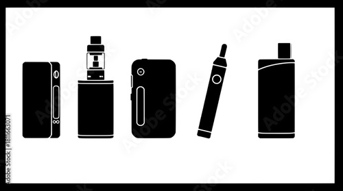 “A set of four vape device silhouettes—box mod, rounded mod, slim pen vape, and minimalist mod—displayed in a horizontal row with equal spacing, solid black forms with white outline accents, modern mi
