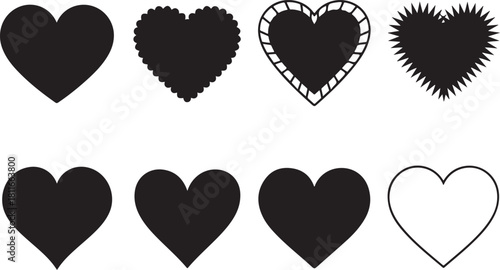 Collection of Eight Stylized Black and White Heart Shapes Symbolizing Love