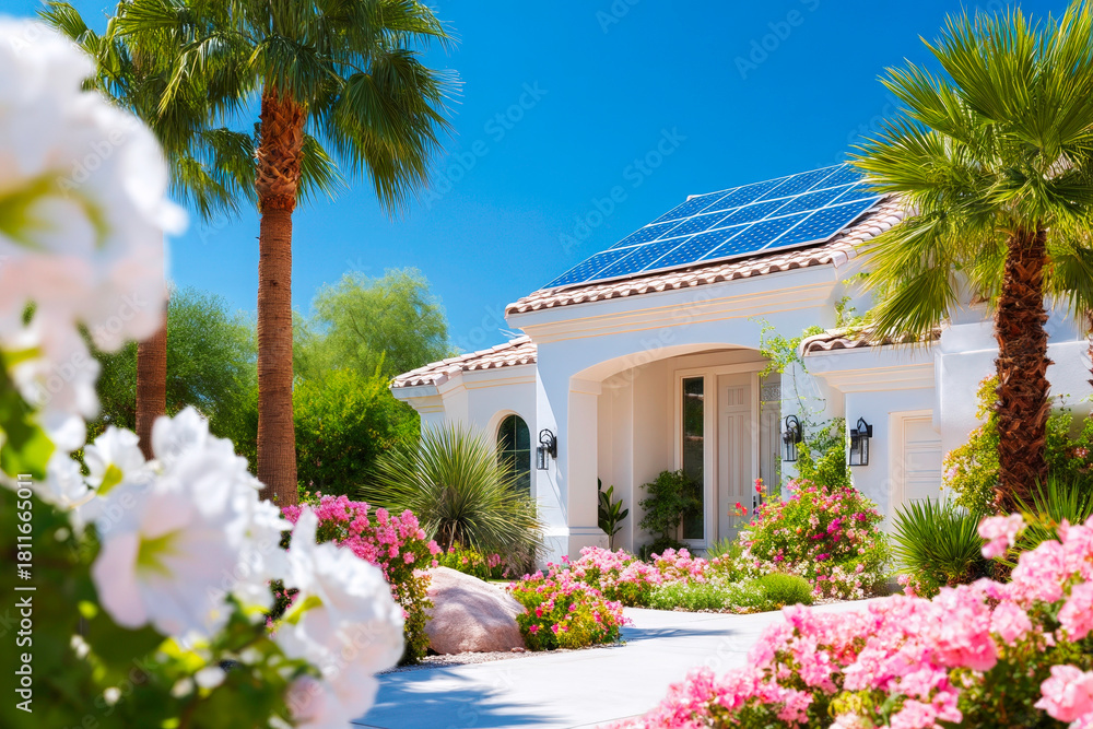 Fototapeta premium Ultra realistic Modern Solar Panels Installed on a Las Vegas Nevada Home Under an Overcast Sky