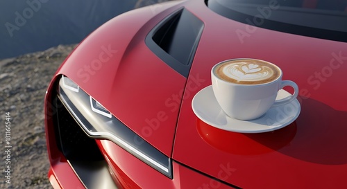 Latte art on red car hood: A stylish, automotive coffee break.