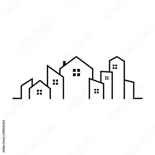 Minimalist cityscape outline vector illustration of urban buildings isolated on a transparent background